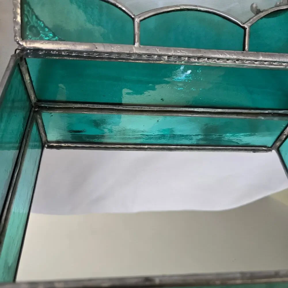 Teal Green Stained Glass Mirrored Jewelry Box Trinket Box Beveled and Waterglass